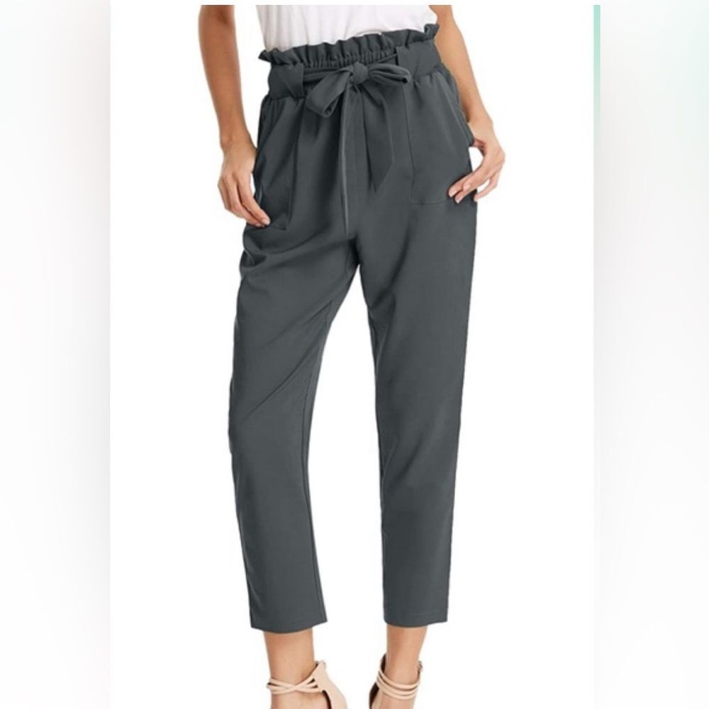GRACE KARIN Gray Cropped Paper Bag Waist Pants with Pockets Sz L
